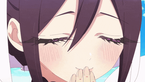 a close up of a girl with purple hair covering her mouth with her hand
