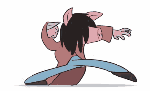 a cartoon drawing of a pig holding a knife and a blue cloth