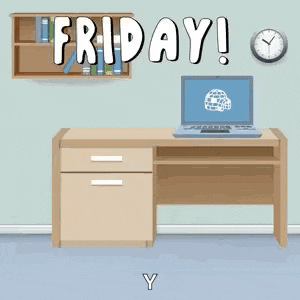 a cartoon illustration of a desk with a laptop and the words friday