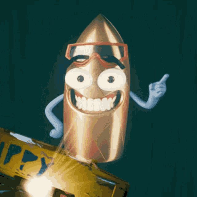 a cartoon of a bullet wearing goggles and giving the finger