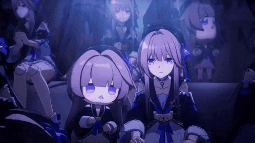 a group of anime girls are sitting in a dark room looking at something