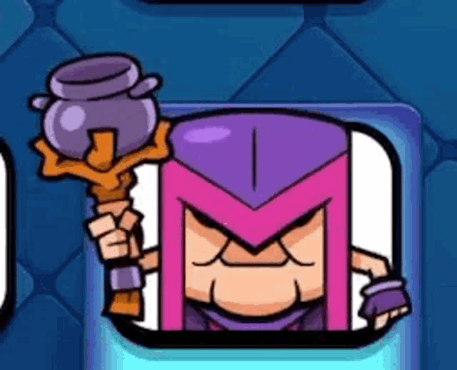 a cartoon character with a purple helmet and pink hair is holding a purple pot and a stick .