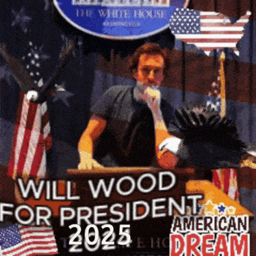 a man stands behind a podium with the words will wood for president 2025 on it