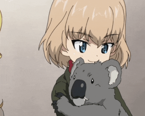 a cartoon girl is holding a stuffed koala bear with a red scarf around her neck