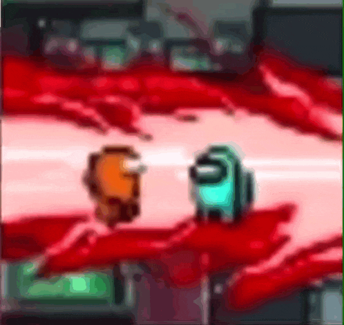 a blurry picture of two among us characters standing next to each other in a room .