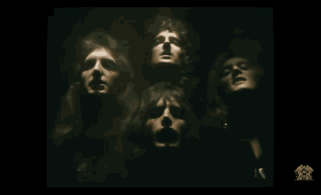 a group of people with their mouths open and a queen logo on the bottom