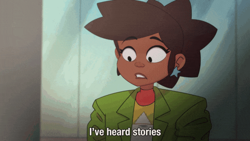 a cartoon character says " i 've heard stories " in a dark room