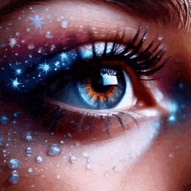 a close up of a woman 's eye with water drops and stars