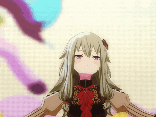 a girl with long hair and purple eyes is wearing a black dress