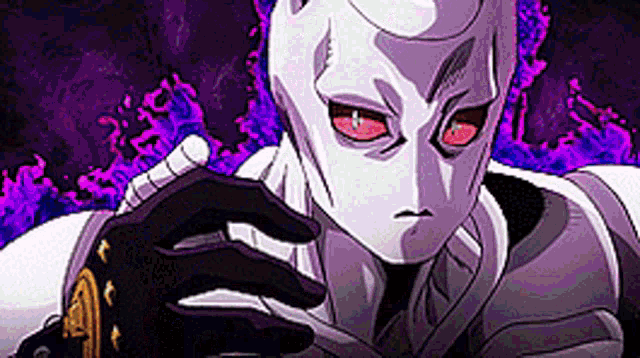 king crimson from jojo 's bizarre adventure is wearing a white mask and holding a sword .
