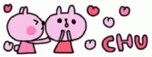 a couple of pink rabbits kissing each other on the cheek .