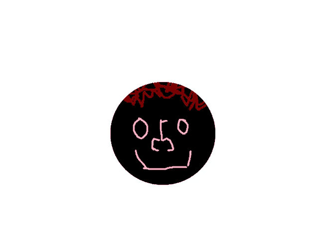a black circle with a face drawn on it with red hair