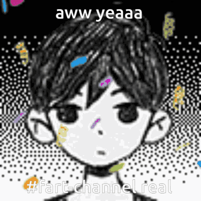 a black and white drawing of a boy with the words " aww yeaaa " written on it