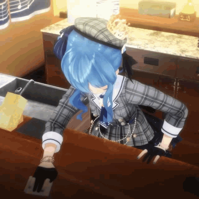 a cartoon character with blue hair is cleaning a counter top