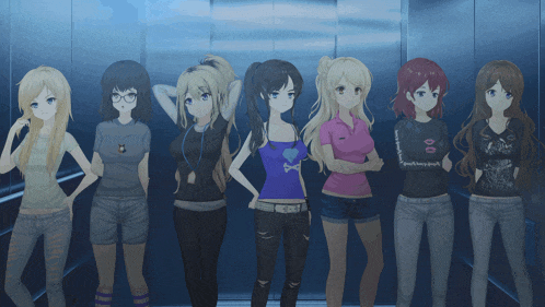 a group of anime girls standing next to each other with one wearing a t-shirt that says ' i love you '