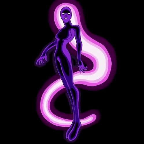 a cartoon drawing of a purple woman with a purple swirl around her