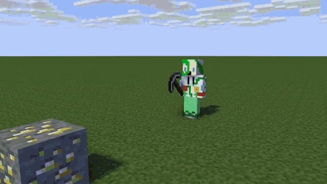 a minecraft character is holding a pickaxe and a block of gold