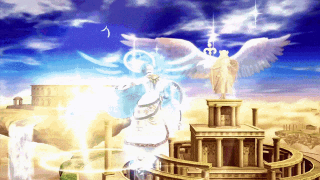 a statue of a woman with wings is surrounded by buildings