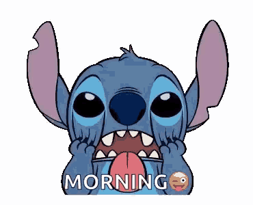 stitch from disney 's lilo and stitch is making a funny face and saying `` morning '' .