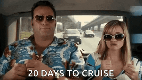 a man and a woman are sitting in a car with the words `` 20 days to cruise '' on the screen .
