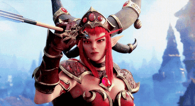 a woman with red hair and horns is holding a sword