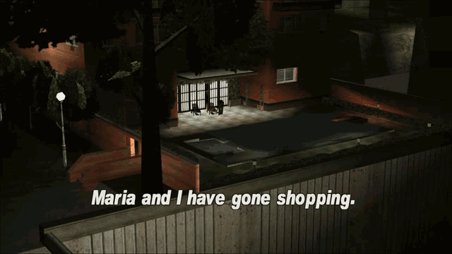 a video game scene with the words maria and i have gone shopping at the top