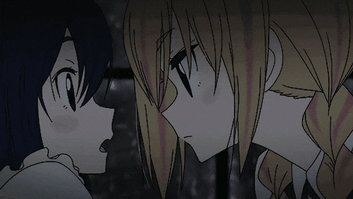 a couple of anime characters looking at each other with a dark background
