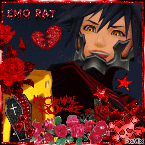 a picture of emo rat with a broken heart and flowers
