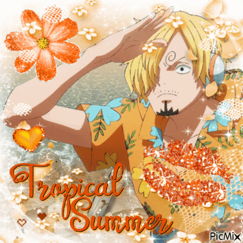 a picture of sanji from one piece with the words tropical summer on the bottom