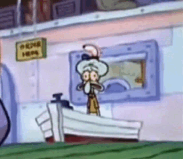 squidward from spongebob squarepants is sitting in a boat with a sad look on his face