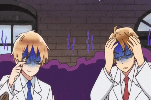 two anime characters are standing next to each other with their hands on their heads
