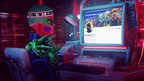 a cartoon character wearing a headband that says ' ds ' on it sits in front of a computer screen