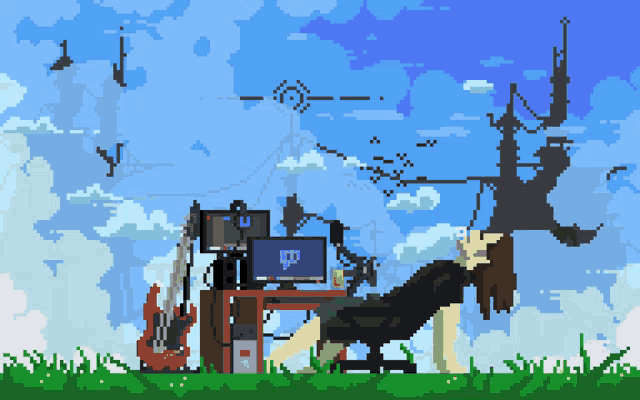 a pixel art drawing of a person sitting at a desk with a twitch logo on the screen