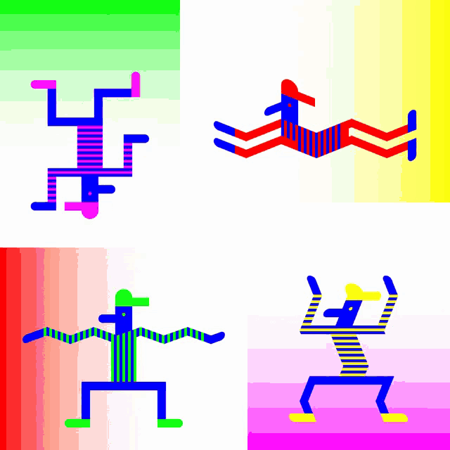 four different colored drawings of a man with a hat on