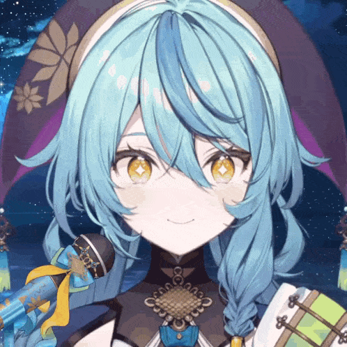 a close up of a person 's face with blue hair and yellow eyes .