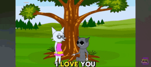 a cartoon of a cat and a girl standing under a tree with the words i love you below them