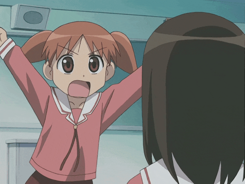 a little girl in a pink shirt is screaming with her arms in the air