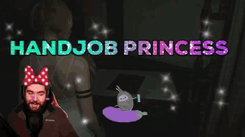 a man with a bow on his head and the words handjob princess behind him