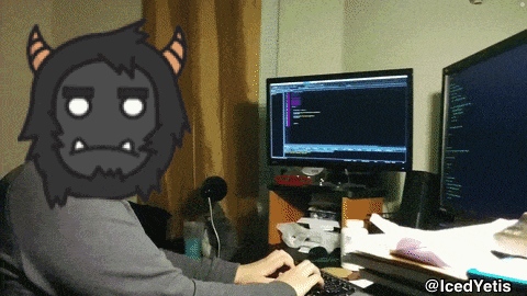 a cartoon of a monster with horns is behind a person typing