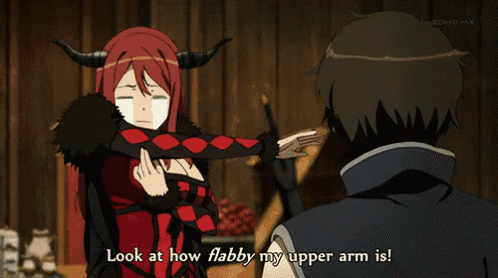 a girl with horns is talking to a man and says look at how flabby my upper arm is