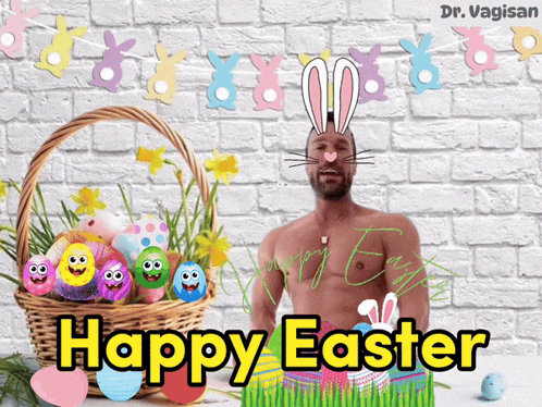 a shirtless man wearing bunny ears and a happy easter sign