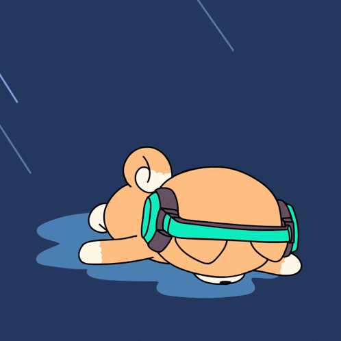 a cartoon dog wearing headphones laying in the rain