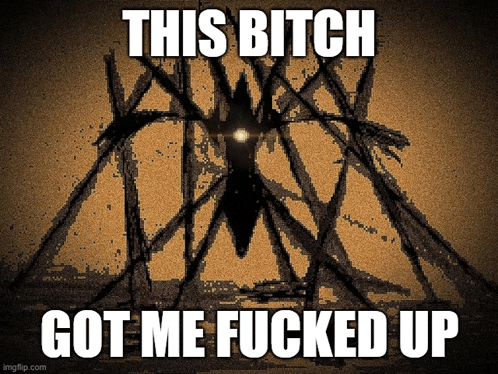 a poster that says this bitch got me fucked up with a spider in the background