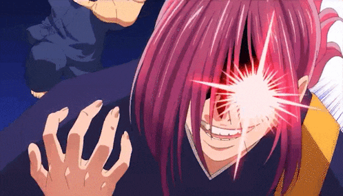 a cartoon character with purple hair has a red light coming out of her eye .