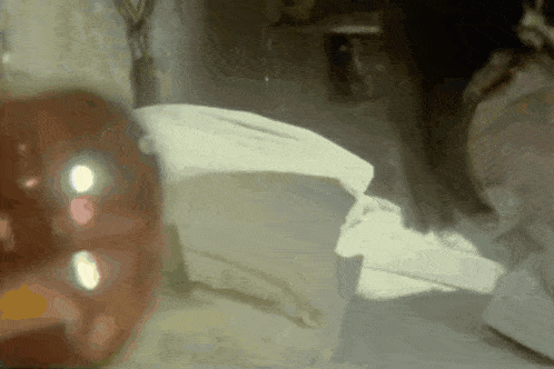 a blurred image of a person laying on a bed with a vase in the background