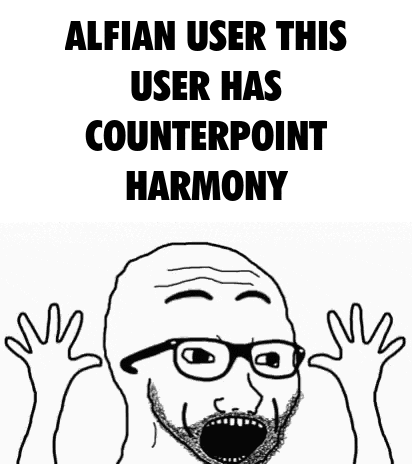 a black and white drawing of a bald man with glasses and the words alfian user this user has counterpoint harmony