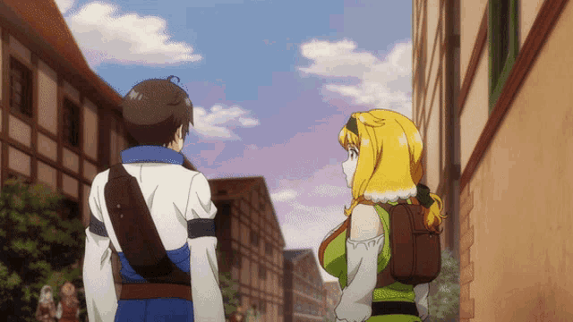 a man and a woman are standing next to each other in a town