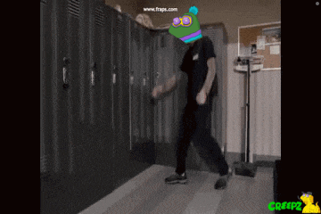 a man with a frog head is dancing in a locker room with creepz written on the bottom
