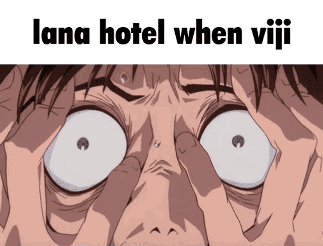 a cartoon of a man covering his face with his hands and the words lana hotel when viji