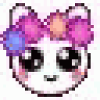 a pixel art of a panda wearing headphones and a flower crown on its head .